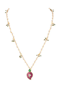 Gold Finish Delicate Kundan Necklace With Red Meenakari Motif