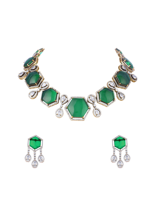 Gold Finish Emerald Stone Short Necklace Set