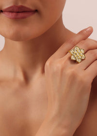 Gold Finish Floral Ring With Studded Kundan