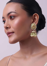 Gold Finish Green Kundan Jhumkas Adorned With Beads