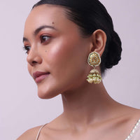 Gold Finish Green Kundan Jhumkas Adorned With Beads