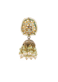 Gold Finish Green Kundan Jhumkas Adorned With Beads