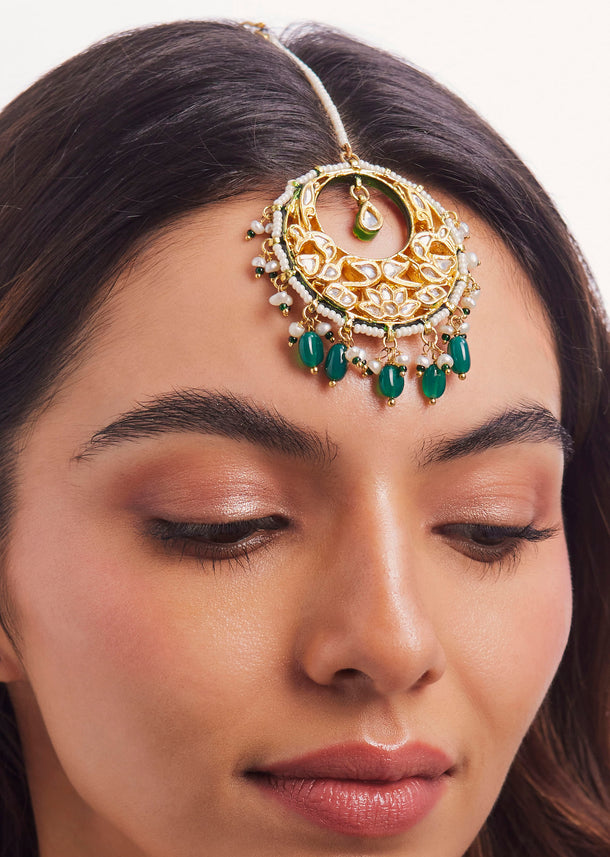 Gold Finish Green Kundan Polki Maang Tikka