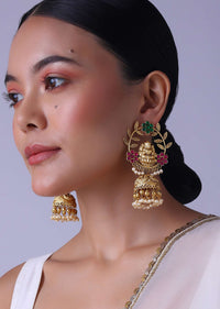 Gold Finish Jhumkas In Mix Metal With Pearls And Meenakari Work