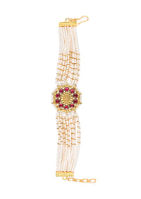 Gold Finish Kundan Bracelet With Ruby Stone And Pearl In Mix Metal