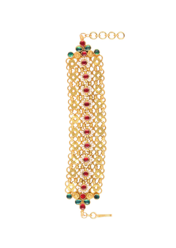 Gold Finish Kundan Bracelet With Ruby Stones In A Mix Metal