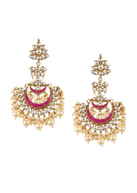 Gold Finish Kundan Chandbalis With Red Meenakari And Pearls