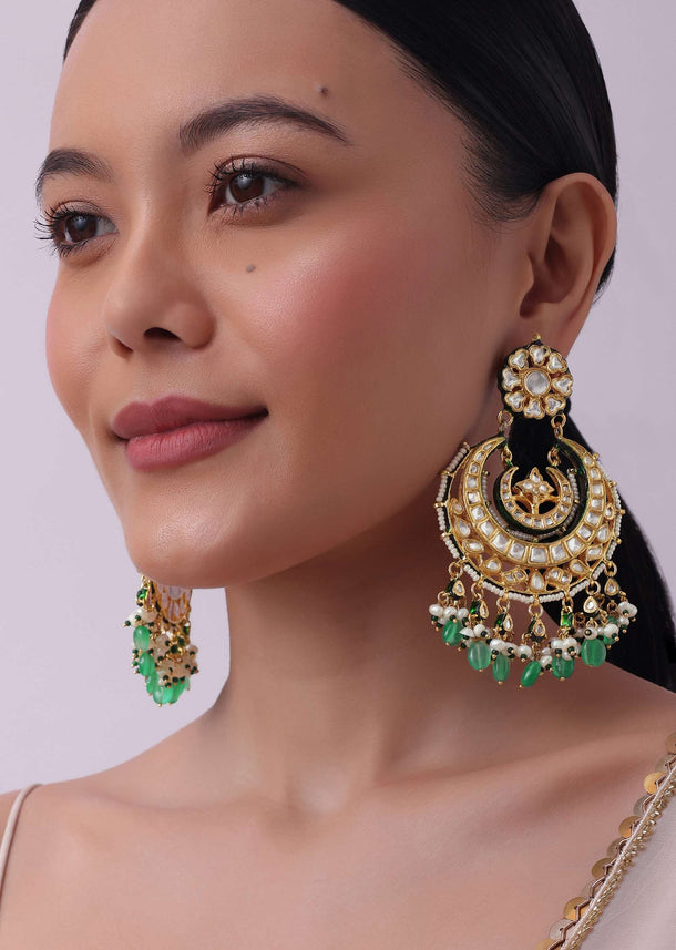 Gold Finish Kundan Chandbalis With Green Drops