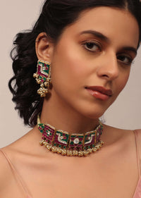 Gold Finish Kundan Choker Set With Beads, Pearls, And Synthetic Red-Green Stones