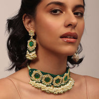 Gold Finish Kundan Choker Set With Beads, Pearls, And Synthetic Emerald Stones