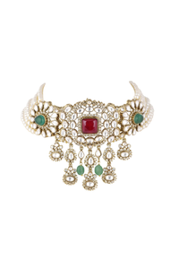 Gold Finish Kundan Choker Set With Synthetic Ruby And Emerald Stones