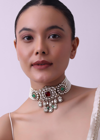 Gold Finish Kundan Choker Set With Synthetic Ruby And Emerald Stones