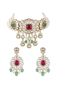 Gold Finish Kundan Choker Set With Synthetic Ruby And Emerald Stones