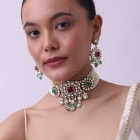 Gold Finish Kundan Choker Set With Synthetic Ruby And Emerald Stones