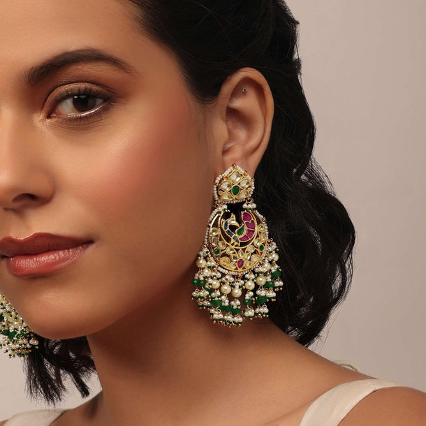 Gold Finish Kundan Polki Chandabali Earrings With Beads And Green-Red Stones