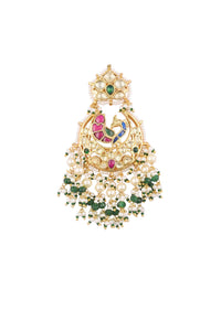 Gold Finish Kundan Polki Chandabali Earrings With Beads And Green-Red Stones
