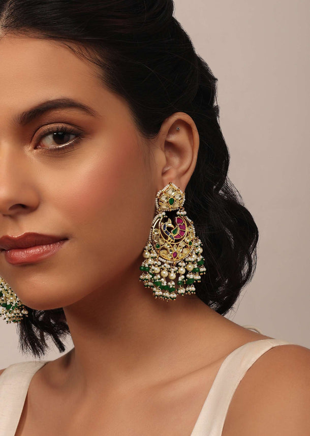 Gold Finish Kundan Polki Chandabali Earrings With Beads And Green-Red Stones