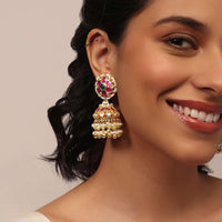 Gold Finish Kundan Earrings With Synthetic Stones And Beads