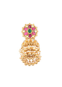 Gold Finish Kundan Earrings With Synthetic Stones And Beads