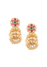 Gold Finish Kundan Earrings With Synthetic Stones And Beads