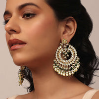 Gold Finish Kundan Earrings With Beads And Synthetic Emerald Stones