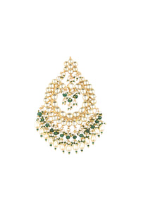 Gold Finish Kundan Earrings With Beads And Synthetic Emerald Stones