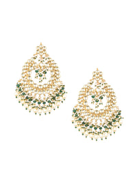 Gold Finish Kundan Earrings With Beads And Synthetic Emerald Stones