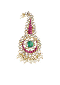 Gold Finish Kundan Kalgi In Mix Metal With Emerald Green Stone