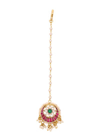 Gold Finish Kundan Multicolor Floral Maangtika With Synthetic Beads And Stones