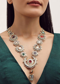 Gold Finish Kundan Necklace With Multicolor Stone In?ÿMix?ÿMetal