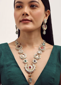Gold Finish Kundan Necklace With Multicolor Stone In?ÿMix?ÿMetal