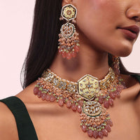 Gold Finish Kundan Polki beaded Necklace set with Earrings
