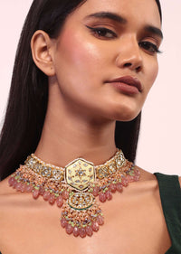 Gold Finish Kundan Polki beaded Necklace set with Earrings