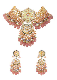 Gold Finish Kundan Polki beaded Necklace set with Earrings