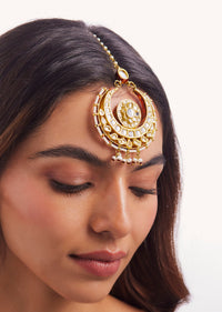 Gold Finish Kundan Polki Maang Tikka With Pearl Enamel