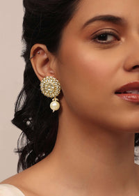 Gold Finish Kundan Polki Stud Earrings With Pearls