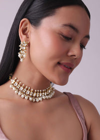 Gold Finish Kundan Polki White Necklace Set With Beads, Stones, And Pearls