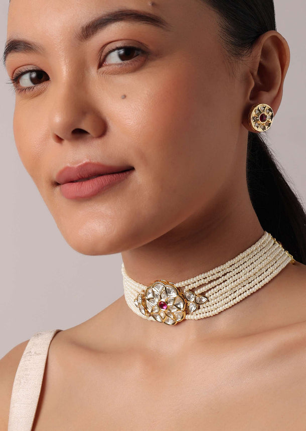 Gold Finish Kundan With Meenakari Studded Choker Set