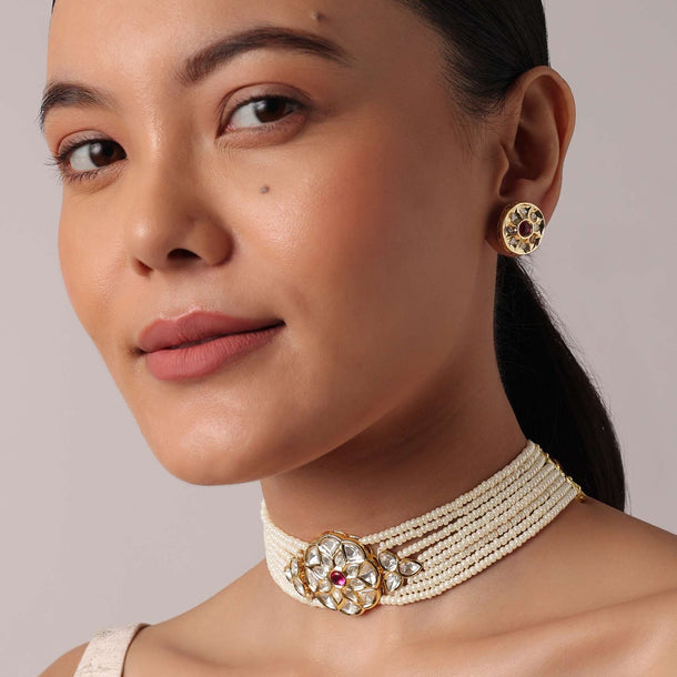 Gold Finish Kundan With Meenakari Studded Choker Set