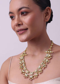 Gold Finish Layered Kundan Necklace With Red And White Drops