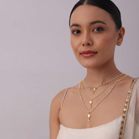 Gold Finish Layered Kundan Necklace With Pearl Drops