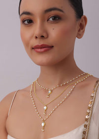 Gold Finish Layered Kundan Necklace With Pearl Drops