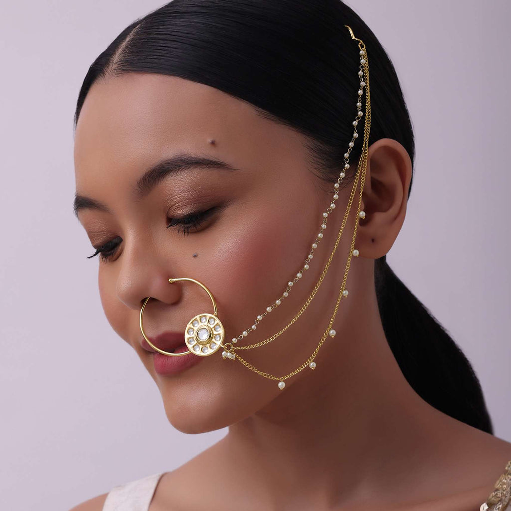 Gold Finish Layered Nath With Small Motif