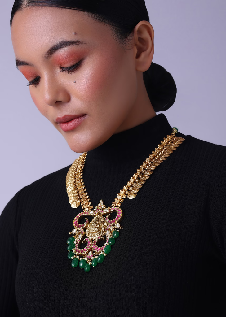 Gold Finish Long Necklace With Pearls And Meenakari Work