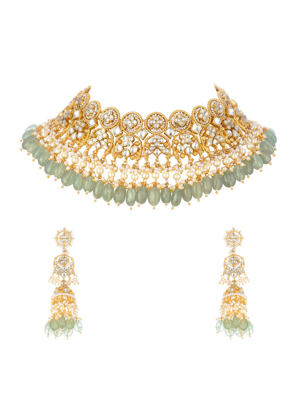 Gold Finish Mint Green Choker Set With Kundan Work In Mix Metal