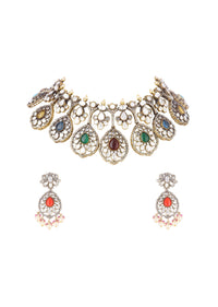 Gold Finish Multicolour Moissanite Necklace Set With Earrings