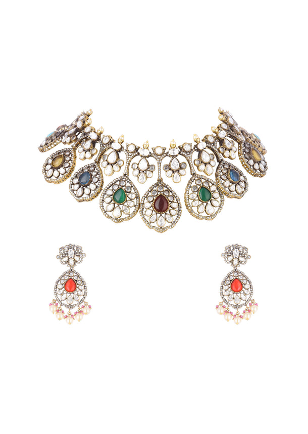 Gold Finish Multicolour Moissanite Necklace Set With Earrings