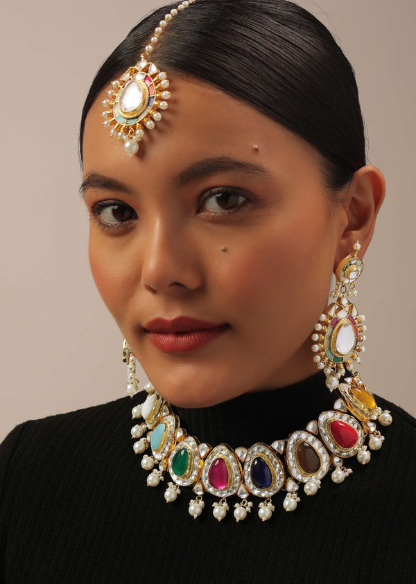 Gold Finish Navratna Kundan Polki Choker Set