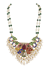 Gold Finish Navratna Necklace In Mix Metal With Pearls