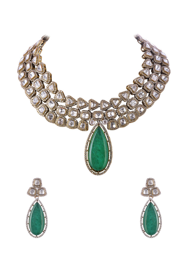 Gold Finish Necklace Set With Mint Green Polki Stones In Mix Metal